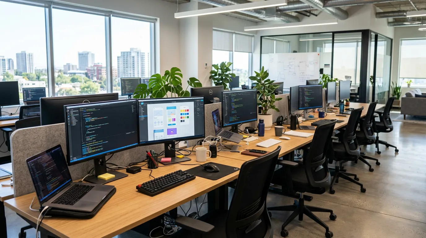 Modern office with developers working on laptops and large monitors showing code and design layouts, bright well-lit workspace, empty chairs visible, no people visible but workspace occupied
