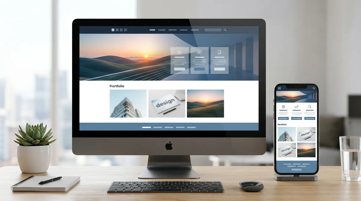 Professional website layout on desktop and mobile devices, responsive web design showcase, modern interfaces