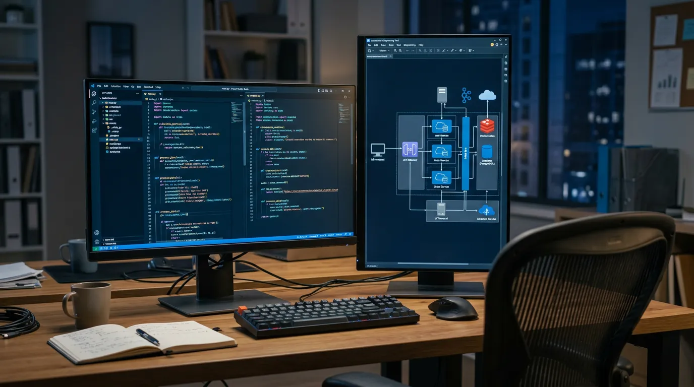 Computer screen displaying clean code and system architecture diagram, syntax highlighting visible, multiple windows open, technical workspace setup, empty chair