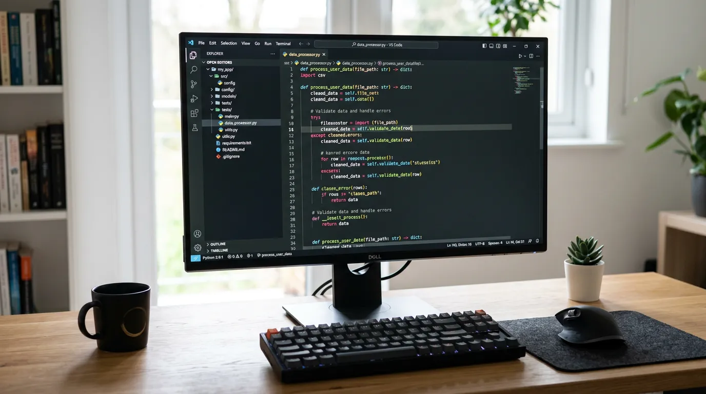 Code editor with well-structured Python or JavaScript code displayed, clear syntax highlighting, organized folder structure in sidebar, clean minimalist workspace