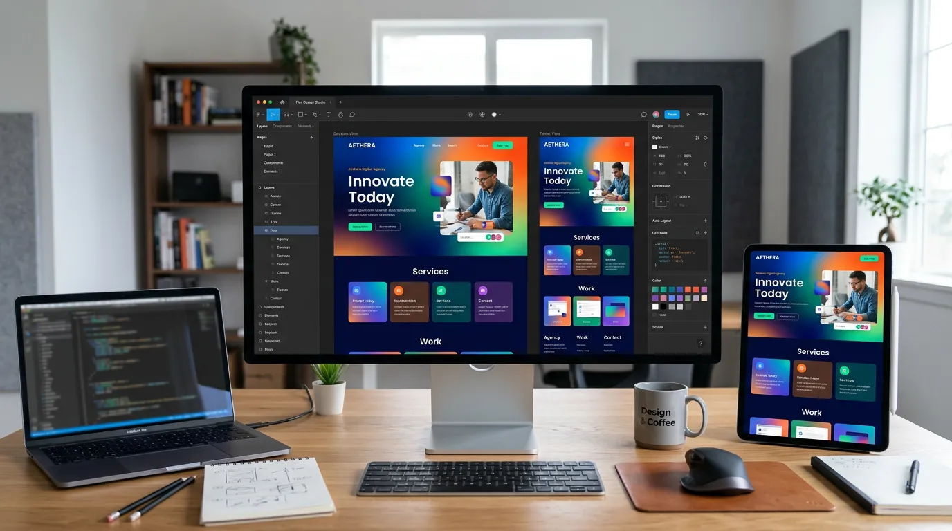 Web design software interface showing beautiful responsive website mockup on desktop and tablet screens, modern colorful UI design, design tools visible, creative workspace