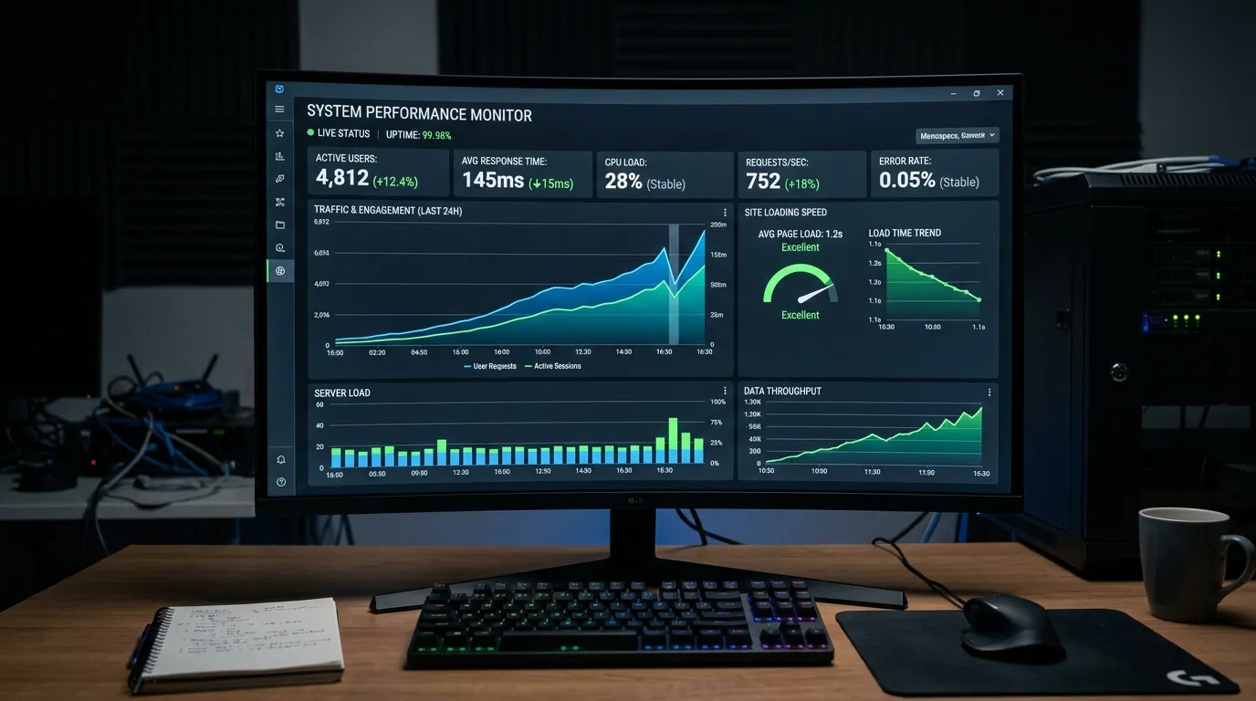 Performance monitoring dashboard showing graphs, metrics, and loading speed indicators on computer monitor, charts with upward trends, dark mode interface, technical workspace