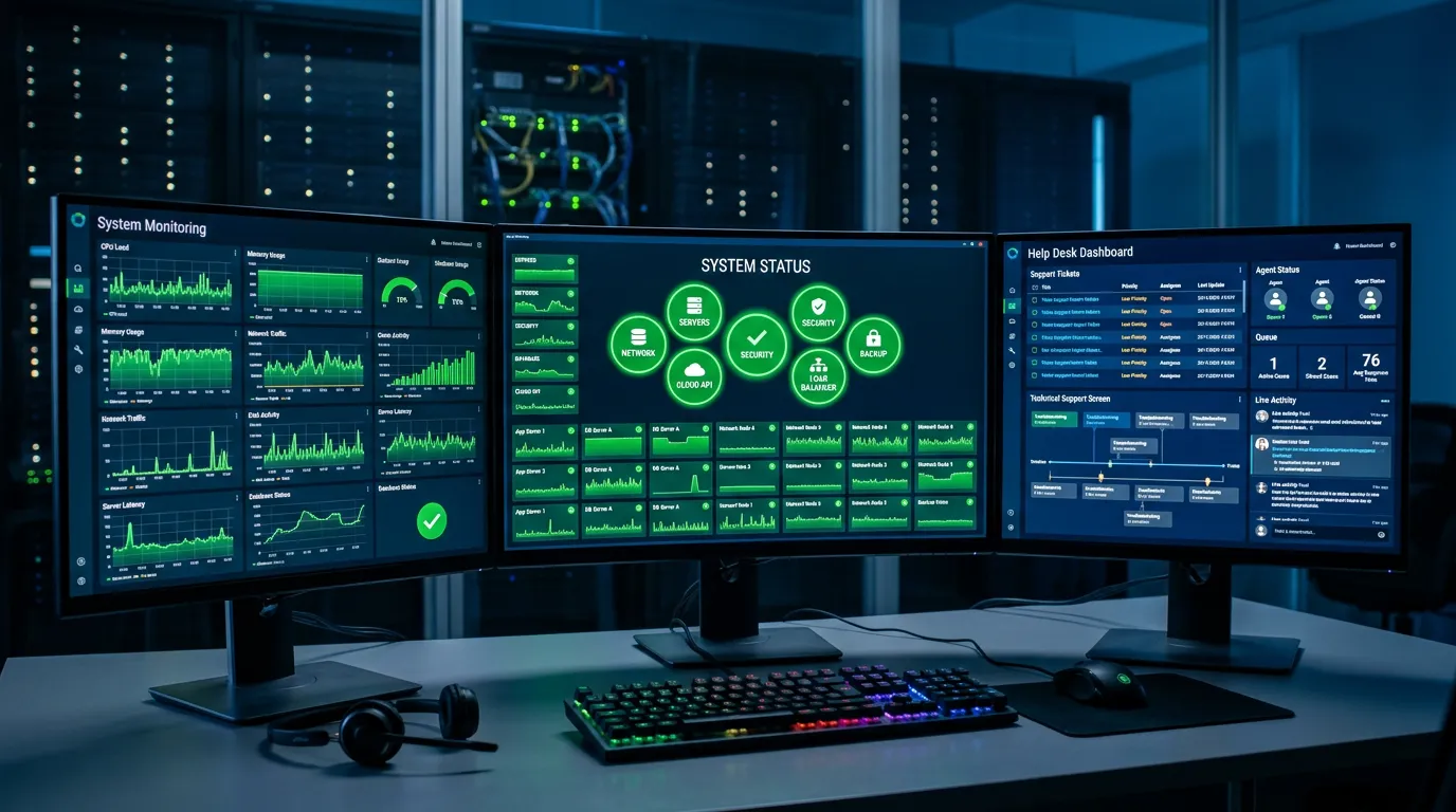 Computer support interface with system monitoring, status indicators showing all systems operational in green, help desk dashboard, technical support screen